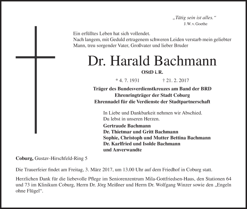  Traueranzeige für Harald Bachmann vom 25.02.2017 aus MGO