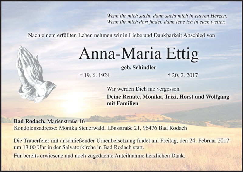  Traueranzeige für Anna-Maria Ettig vom 23.02.2017 aus MGO