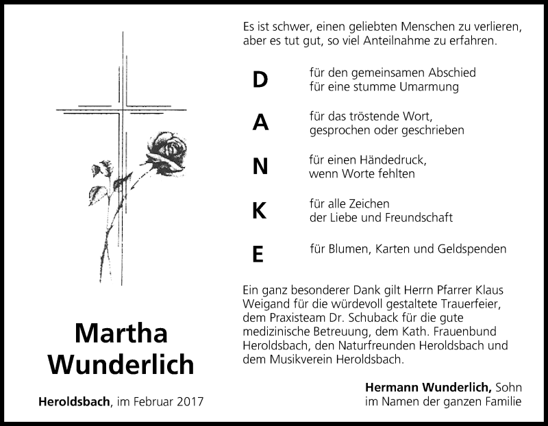  Traueranzeige für Martha Wunderlich vom 25.02.2017 aus MGO