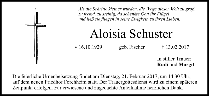  Traueranzeige für Aloisia Schuster vom 18.02.2017 aus MGO