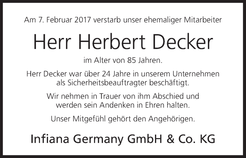  Traueranzeige für Herbert Decker vom 11.02.2017 aus MGO