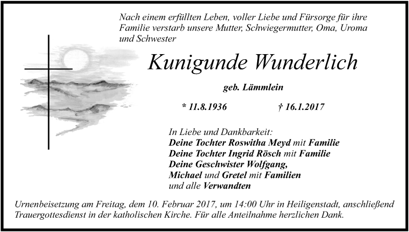  Traueranzeige für Kunigunde Wunderlich vom 06.02.2017 aus MGO