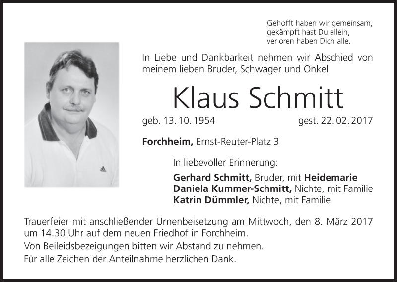  Traueranzeige für Klaus Schmitt vom 01.03.2017 aus MGO