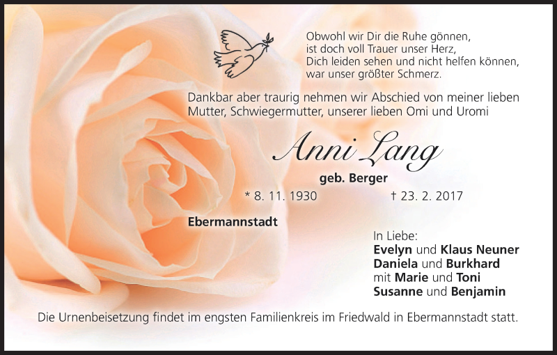  Traueranzeige für Anni Lang vom 25.02.2017 aus MGO