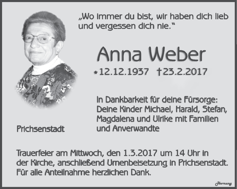  Traueranzeige für Anna Weber vom 25.02.2017 aus MGO