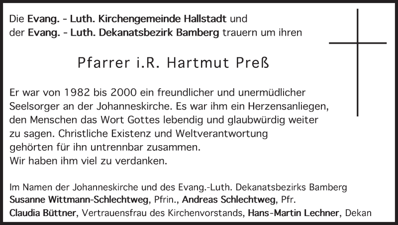  Traueranzeige für Hartmut Preß vom 11.02.2017 aus MGO
