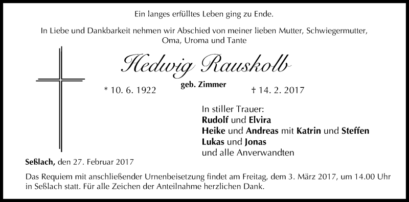  Traueranzeige für Hedwig Rauskolb vom 27.02.2017 aus MGO