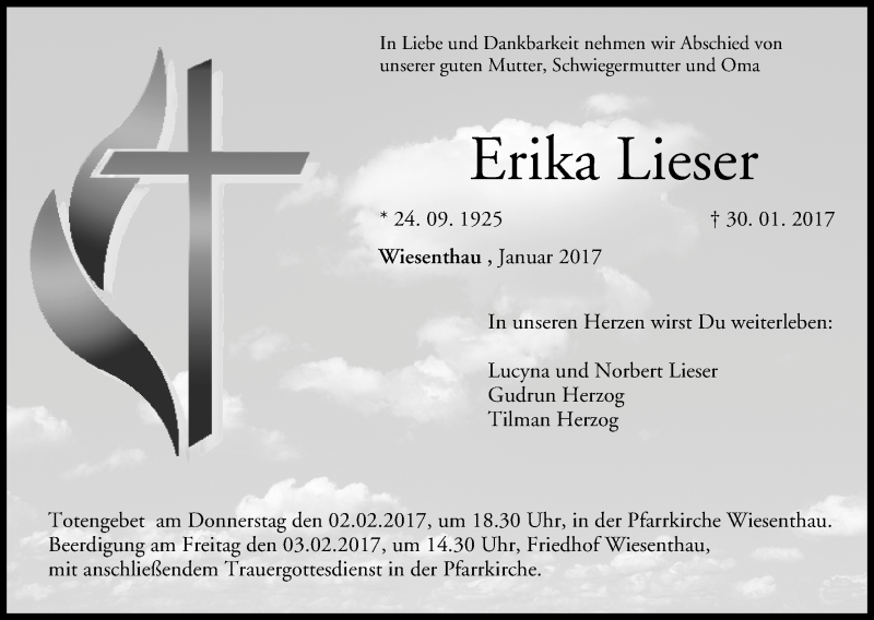  Traueranzeige für Erika Lieser vom 01.02.2017 aus MGO