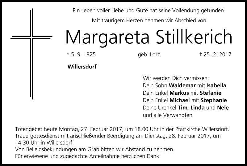  Traueranzeige für Margareta Stillkerich vom 27.02.2017 aus MGO