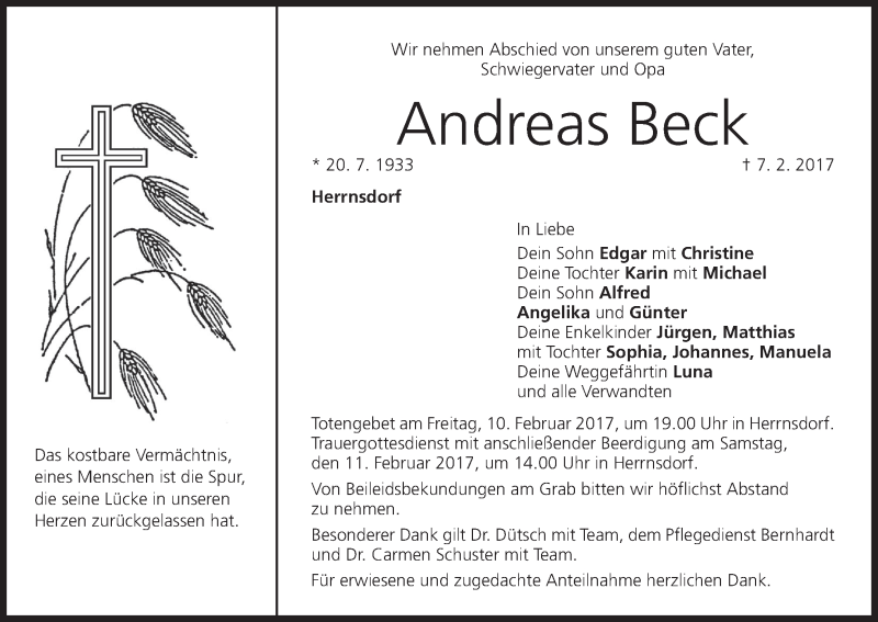  Traueranzeige für Andreas Beck vom 09.02.2017 aus MGO