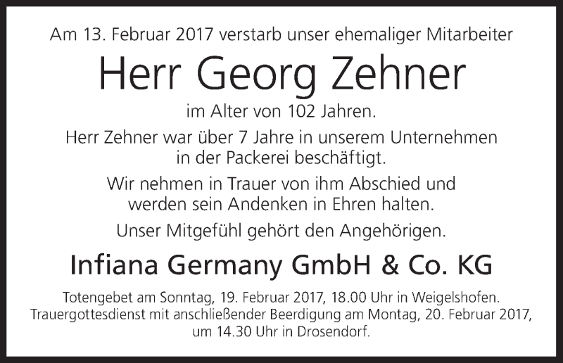  Traueranzeige für Georg Zehner vom 18.02.2017 aus MGO