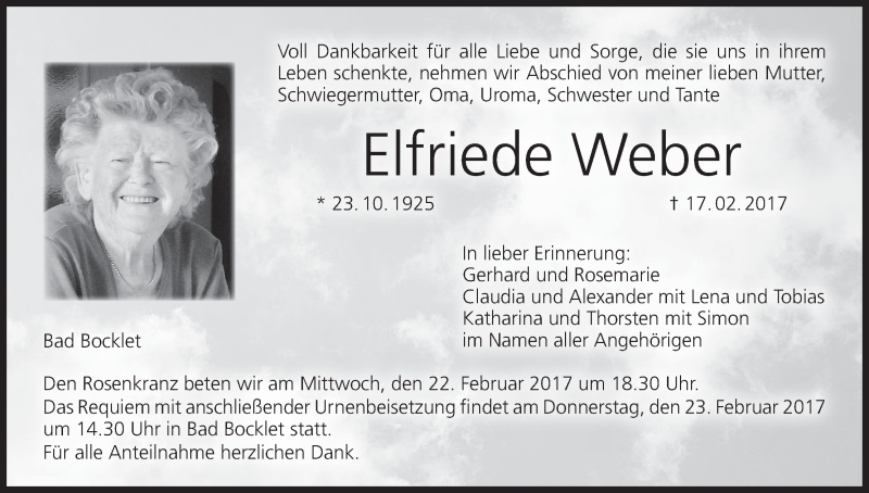  Traueranzeige für Elfriede Weber vom 21.02.2017 aus MGO