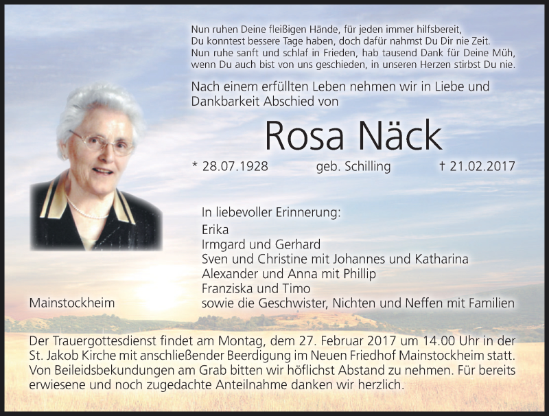  Traueranzeige für Rosa Näck vom 25.02.2017 aus MGO