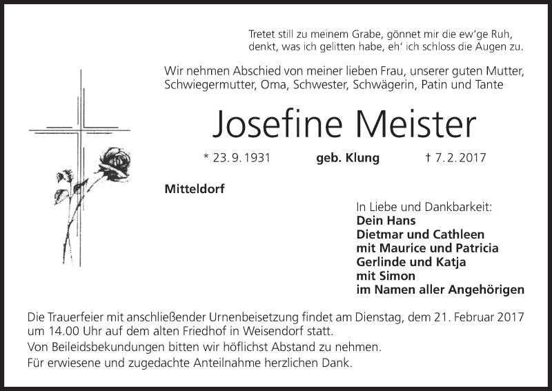  Traueranzeige für Josefine Meister vom 18.02.2017 aus MGO