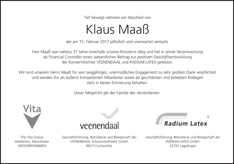  Traueranzeige für Klaus Maaß vom 21.02.2017 aus MGO