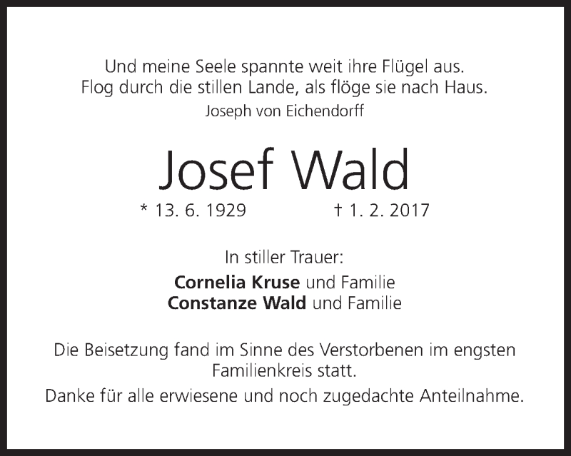  Traueranzeige für Josef Wald vom 18.02.2017 aus MGO