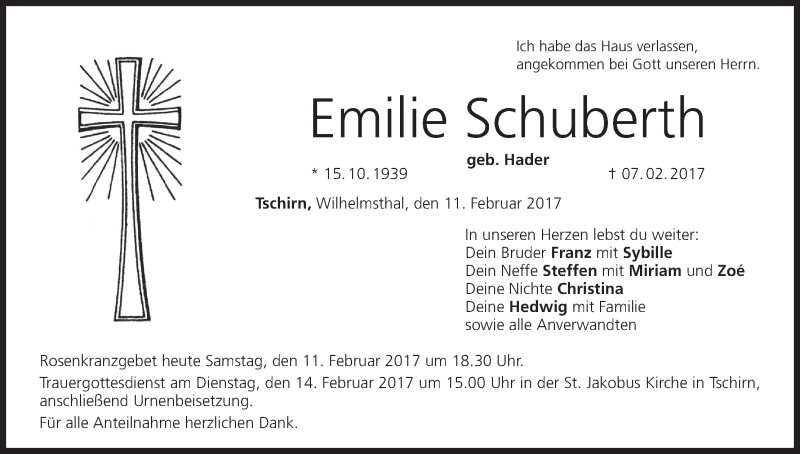  Traueranzeige für Emilie Schuberth vom 11.02.2017 aus MGO