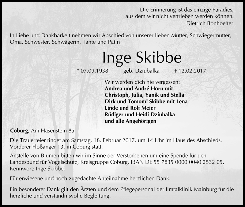  Traueranzeige für Inge Skibbe vom 15.02.2017 aus MGO