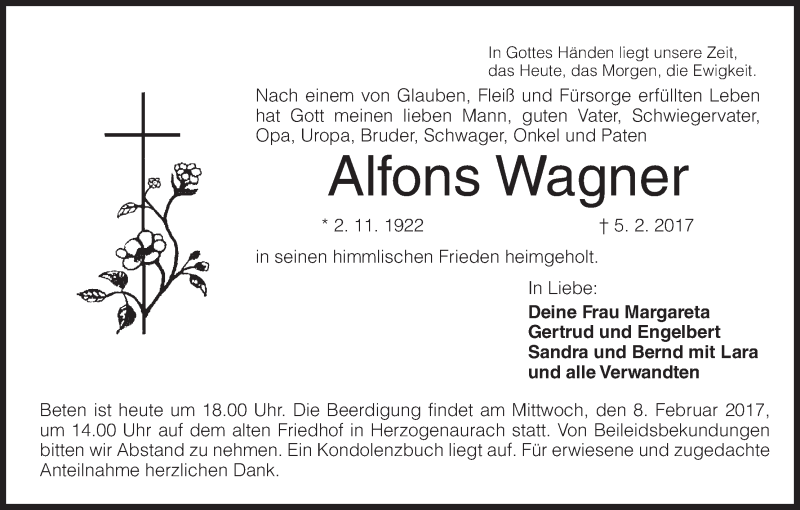  Traueranzeige für Alfons Wagner vom 07.02.2017 aus MGO