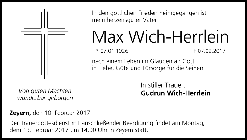  Traueranzeige für Max Wich-Herrlein vom 10.02.2017 aus MGO