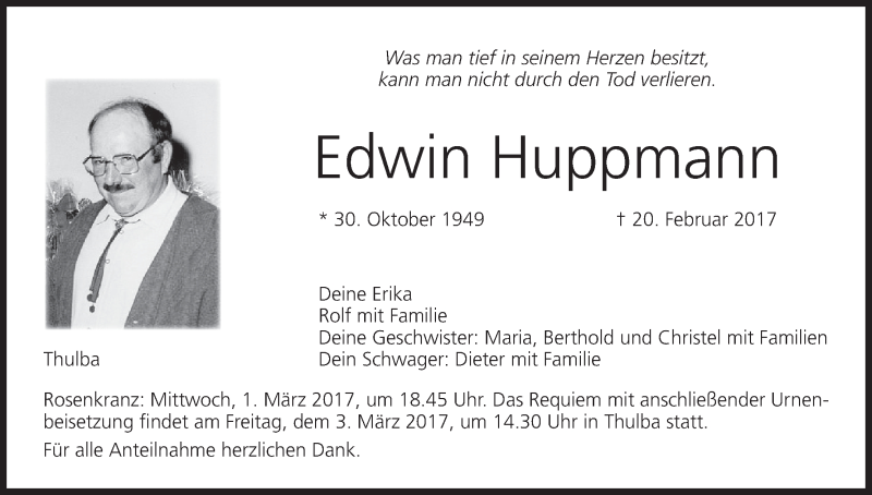  Traueranzeige für Edwin Huppmann vom 25.02.2017 aus MGO