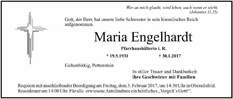 Traueranzeige für Maria Engelhardt vom 01.02.2017 aus MGO