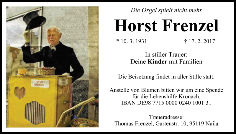  Traueranzeige für Horst Frenzel vom 25.02.2017 aus MGO