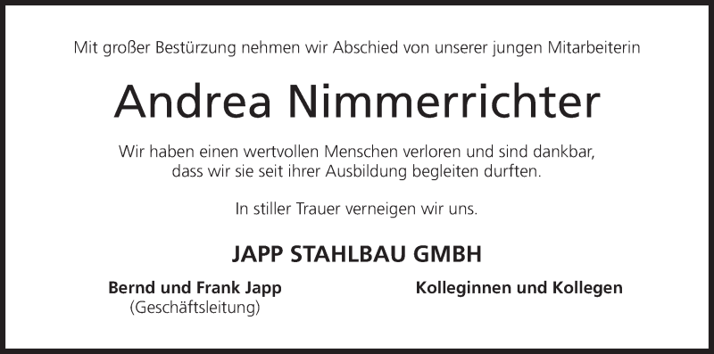  Traueranzeige für Andrea Nimmerrichter vom 01.02.2017 aus MGO