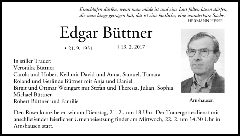  Traueranzeige für Edgar Büttner vom 18.02.2017 aus MGO