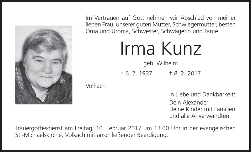  Traueranzeige für Irma Kunz vom 09.02.2017 aus MGO