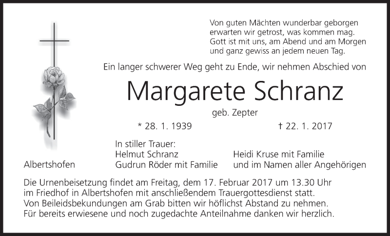  Traueranzeige für Margarete Schranz vom 15.02.2017 aus MGO
