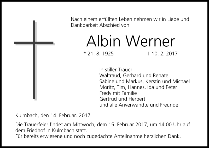  Traueranzeige für Albin Werner vom 14.02.2017 aus MGO