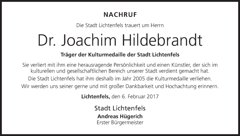  Traueranzeige für Joachim Hildebrandt vom 07.02.2017 aus MGO