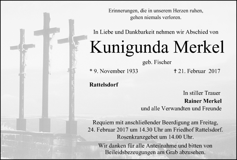  Traueranzeige für Kunigunda Merkel vom 23.02.2017 aus MGO