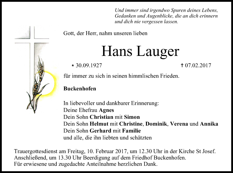  Traueranzeige für Hans Lauger vom 09.02.2017 aus MGO