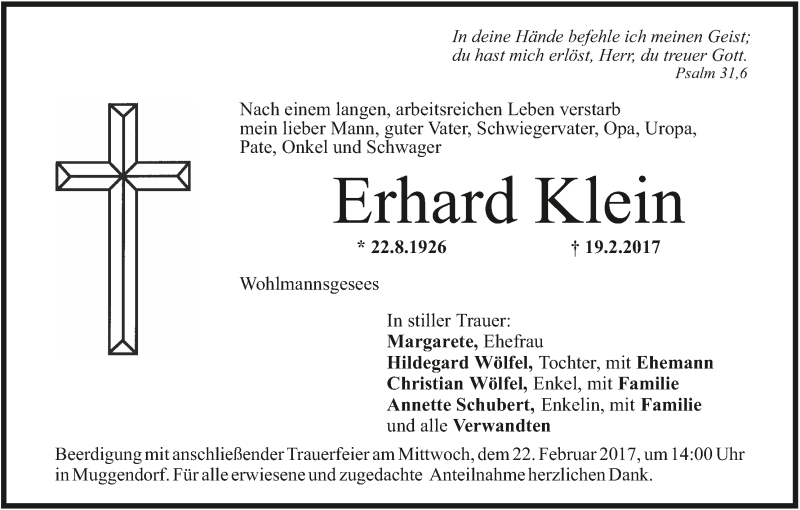 Traueranzeige für Erhard Klein vom 21.02.2017 aus MGO