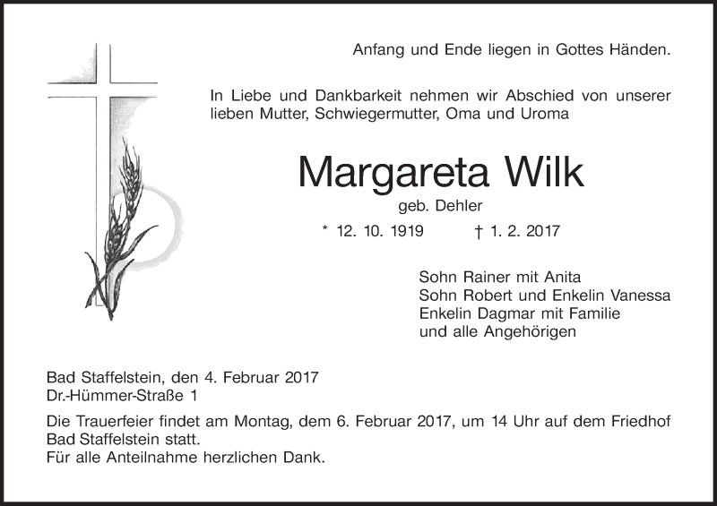  Traueranzeige für Margareta Wilk vom 04.02.2017 aus MGO