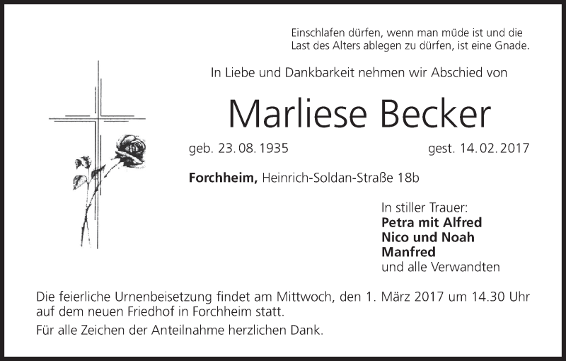 Traueranzeige für Marliese Becker vom 25.02.2017 aus MGO