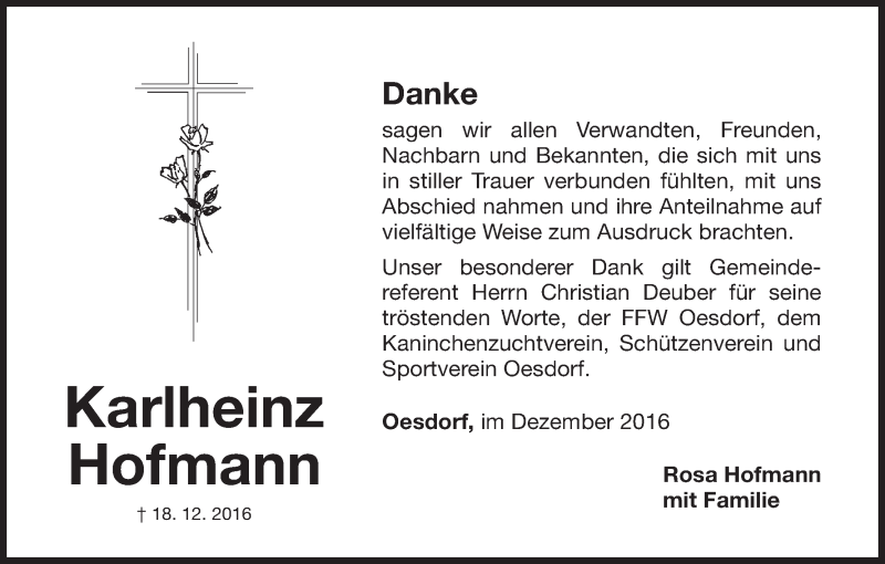 Traueranzeige für Karlheinz Hofmann vom 04.02.2017 aus MGO