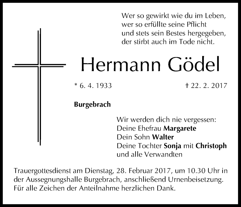  Traueranzeige für Hermann Gödel vom 25.02.2017 aus MGO