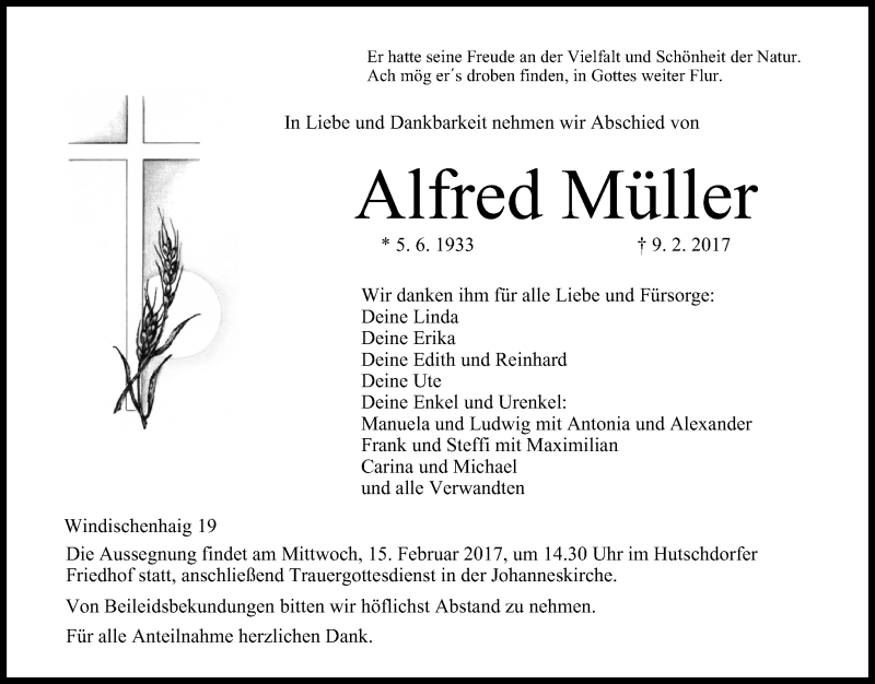  Traueranzeige für Alfred Müller vom 13.02.2017 aus MGO