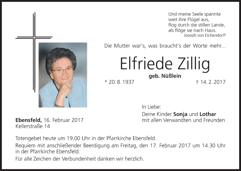  Traueranzeige für Elfriede Zillig vom 16.02.2017 aus MGO