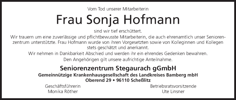  Traueranzeige für Sonja Hofmann vom 15.02.2017 aus MGO