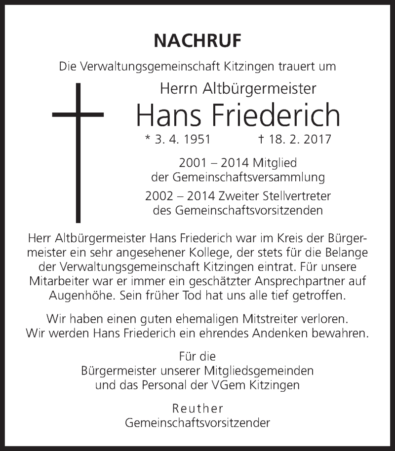  Traueranzeige für Hans Friederich vom 21.02.2017 aus MGO