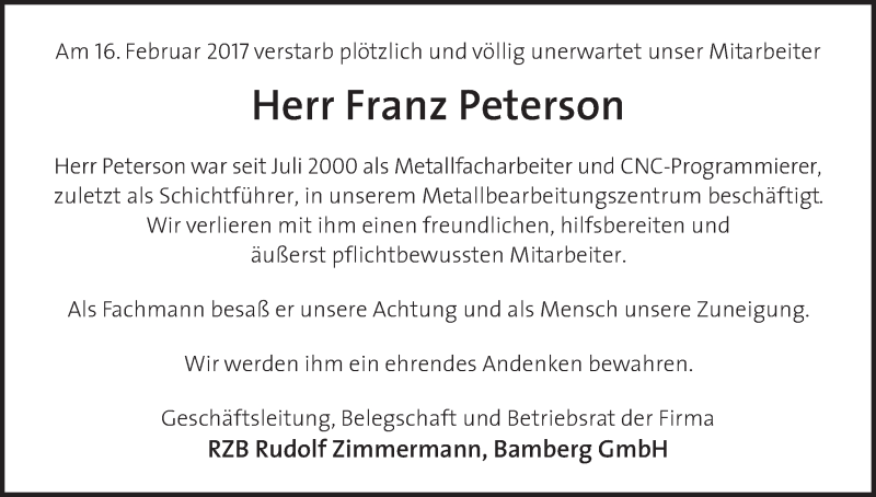  Traueranzeige für Franz Peterson vom 21.02.2017 aus MGO