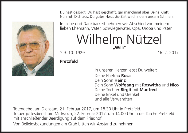  Traueranzeige für Wilhelm Nützel vom 20.02.2017 aus MGO