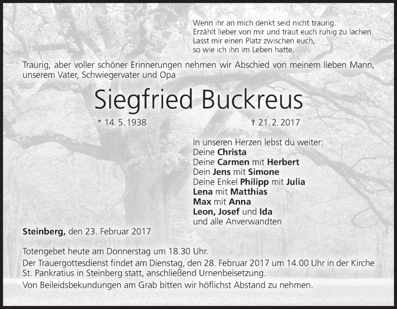  Traueranzeige für Siegfried Buckreus vom 23.02.2017 aus MGO