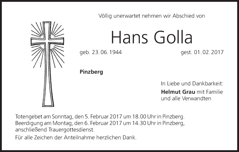  Traueranzeige für Hans Golla vom 03.02.2017 aus MGO