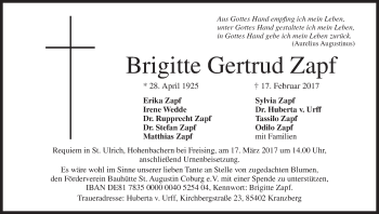 Anzeige von Brigitte Gertrud Zapf von MGO