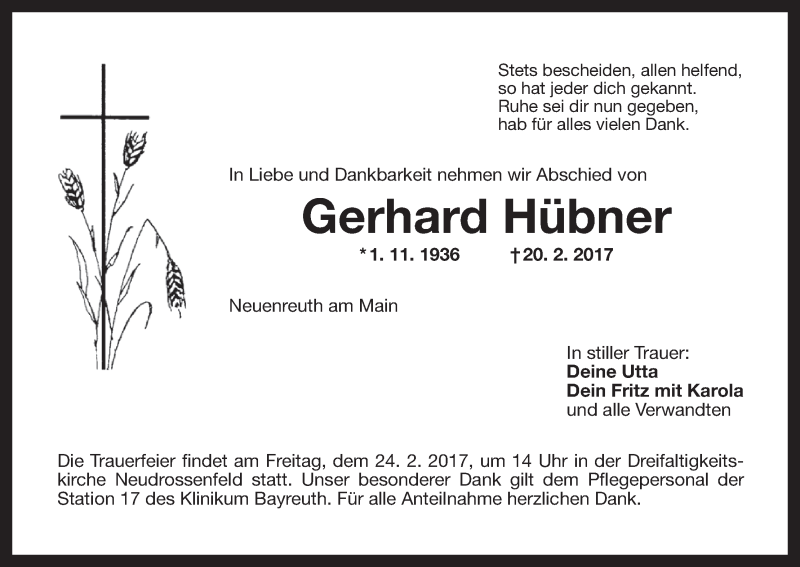  Traueranzeige für Gerhard Hübner vom 22.02.2017 aus MGO